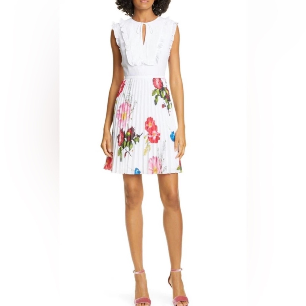 Ted Baker Romanna White Floral Pleat Dress Sz 1/US 4